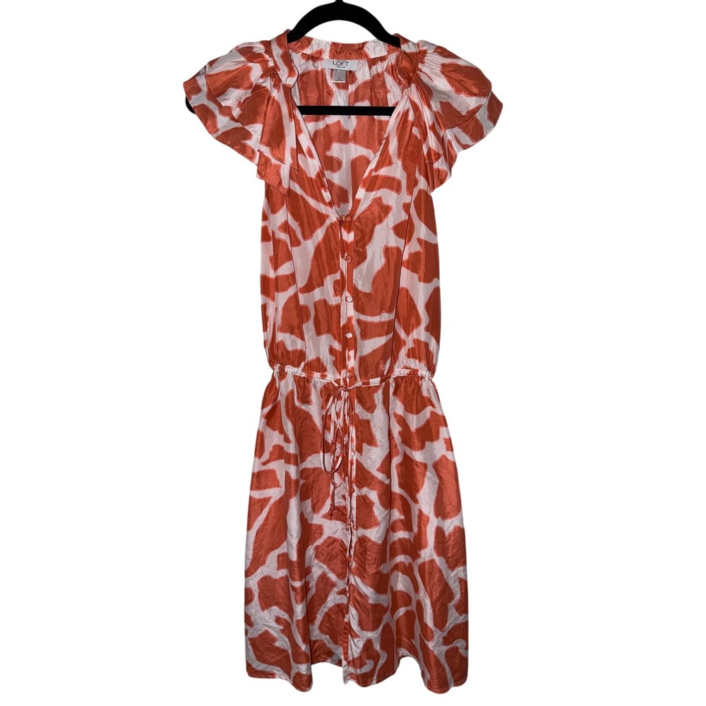 100% Silk Ann Taylor Loft Orange White Abstract Print Ruffle Flutter Dress 8